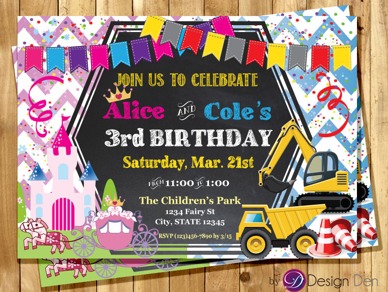 Joint Birthday Invitations
 Princess and Construction JOINT Birthday party Invitation