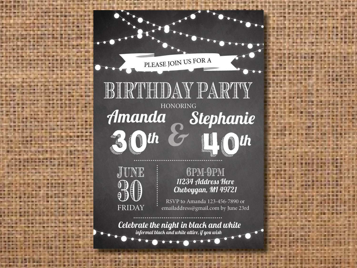 Joint Birthday Invitations
 Adult Joint Birthday Party Invitation Black and White