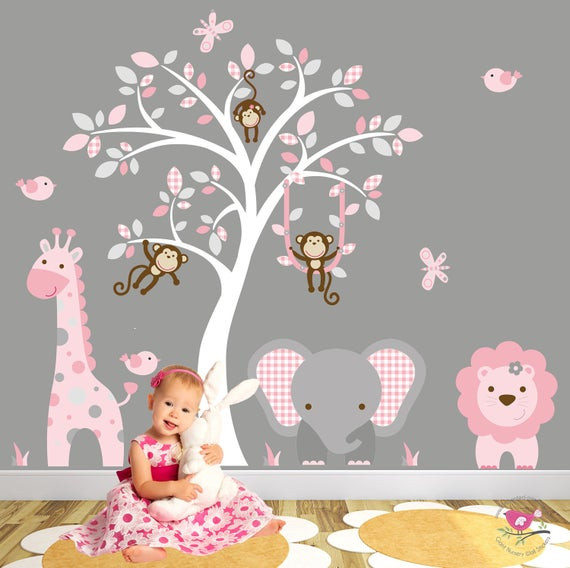 Jungle Baby Room Decor
 Jungle Decal Blush Pink and Grey nursery decor Baby Girls