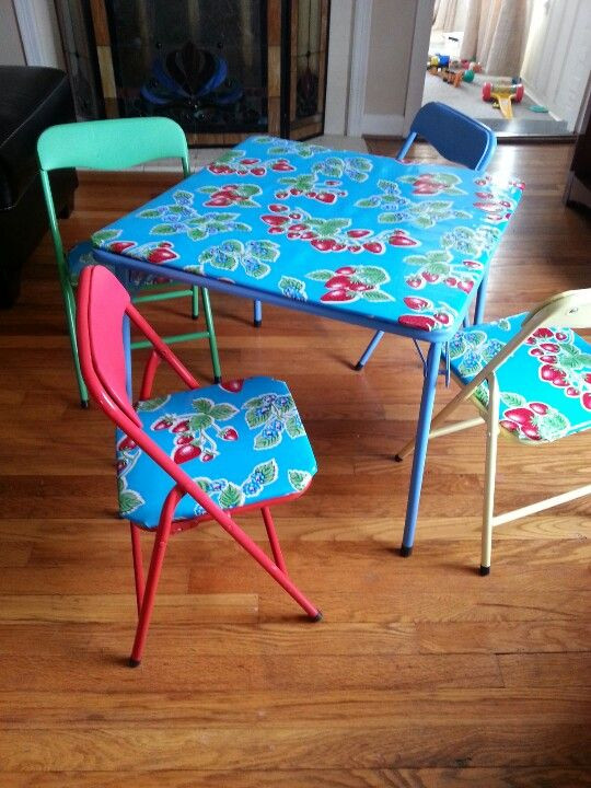 Kids Card Table
 Recovered kids table chair set with oil cloth need to do