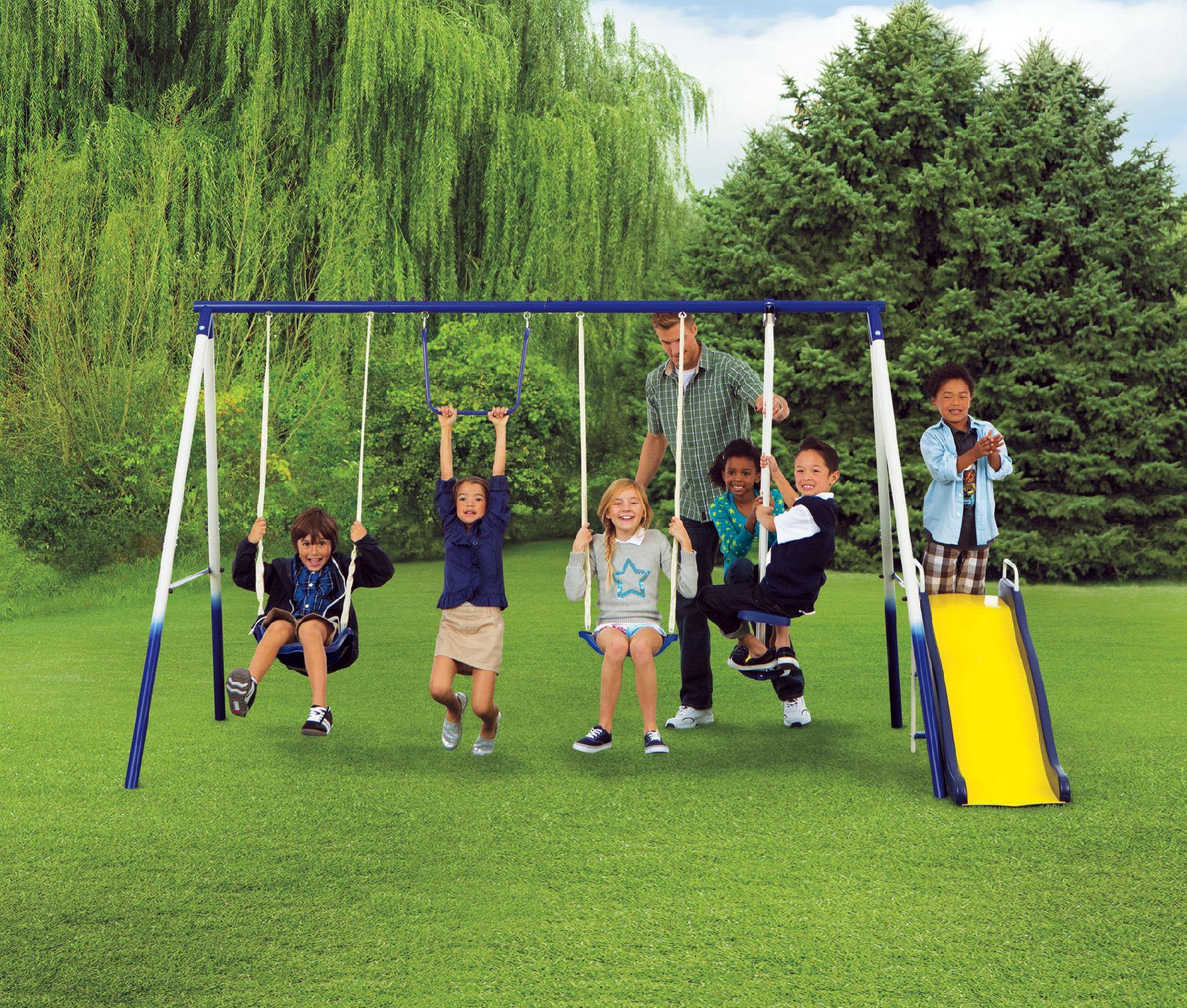 Kids On Swing
 Sportspower Grove Park 4 Leg Metal Swing Set