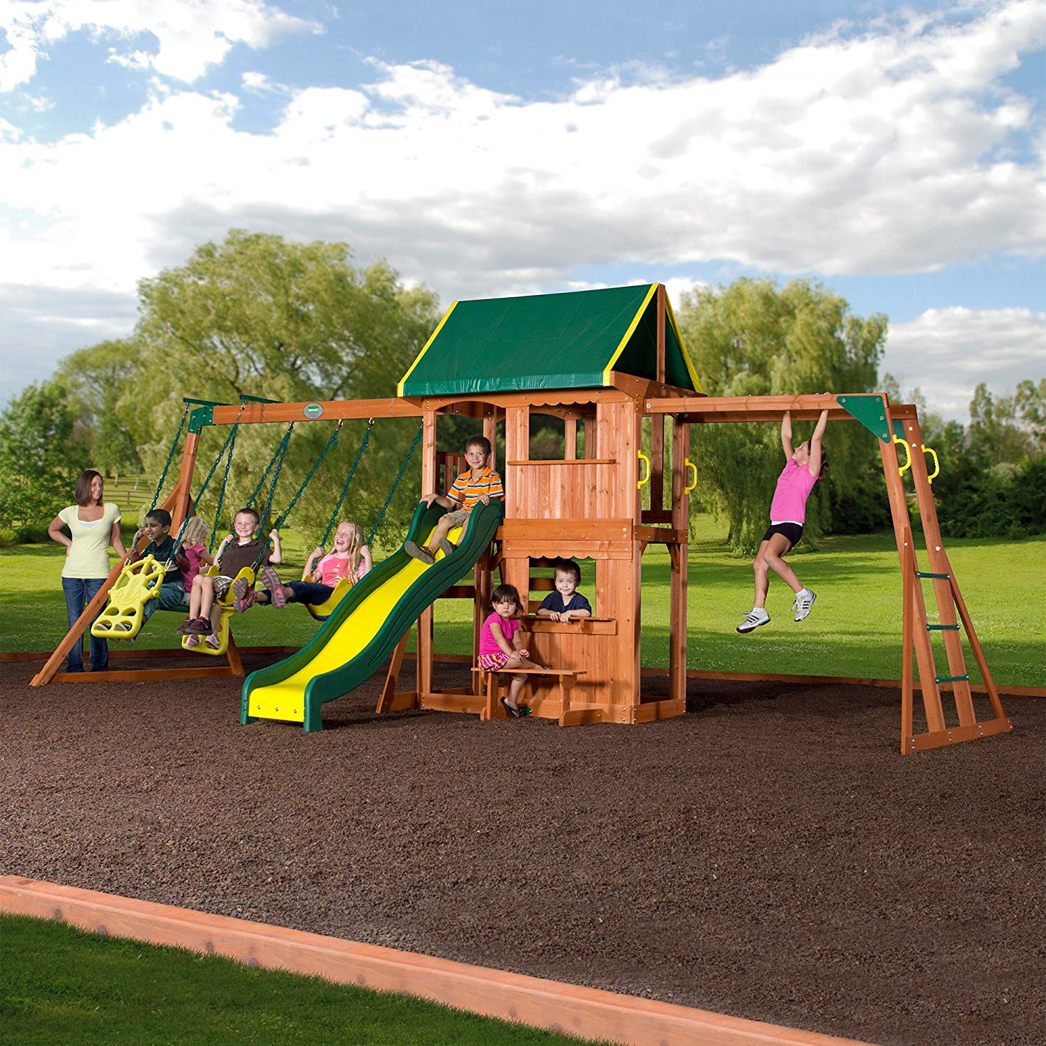 Kids Outdoor Play
 Outdoor Cedar Wooden Swing Set Kids Play Center Slide