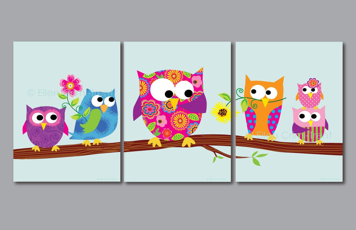 Kids Owl Decor
 Kids Wall Art print set owls for girls kids decor