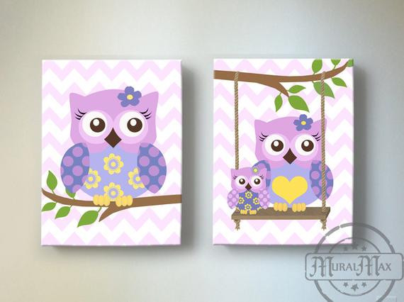 Kids Owl Decor
 Purple Owl Nursery Decor OWL canvas art Baby Girl Nursery