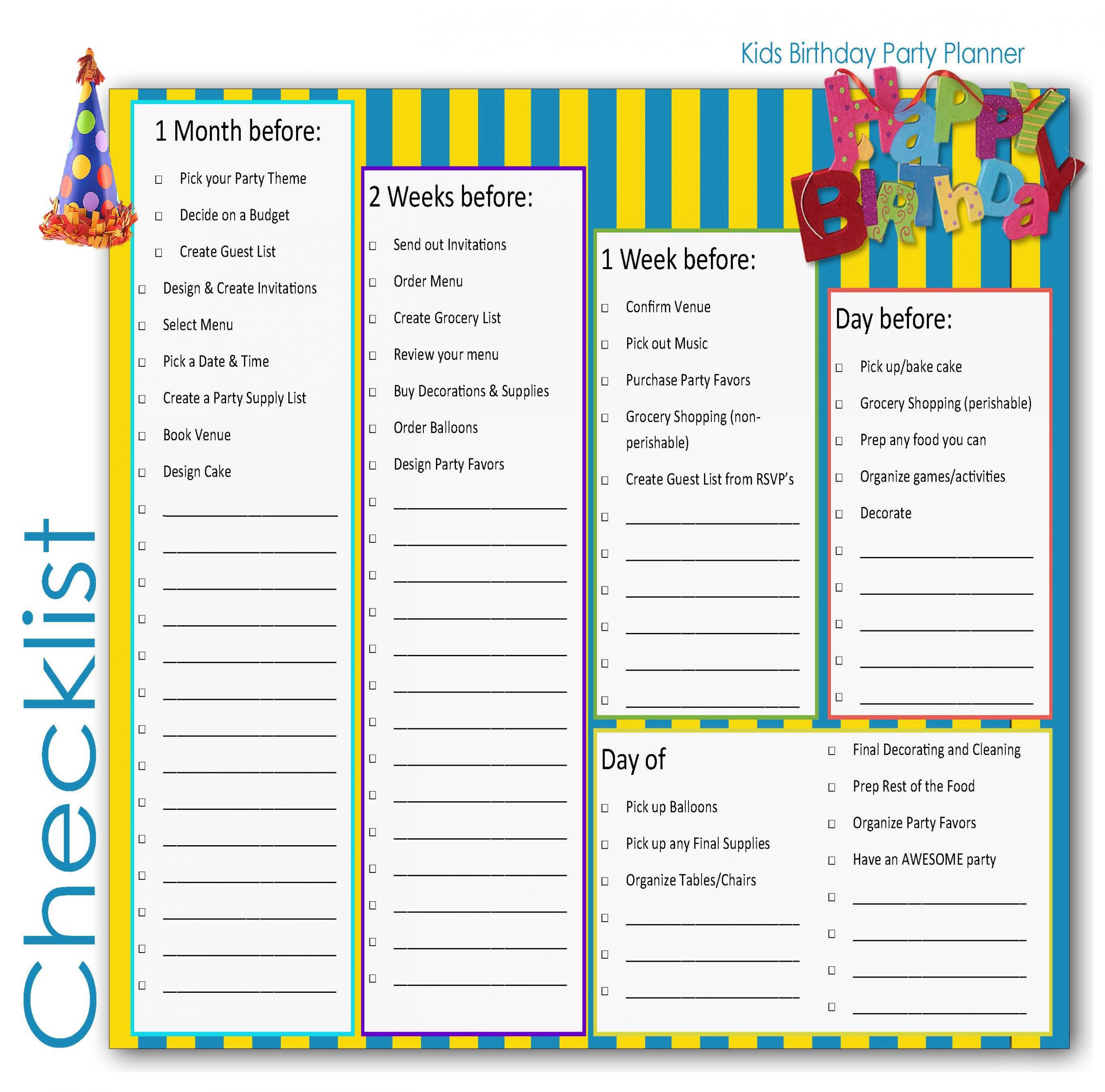 Kids Party Checklist
 Children Birthday Party Planner Checklist for Kids