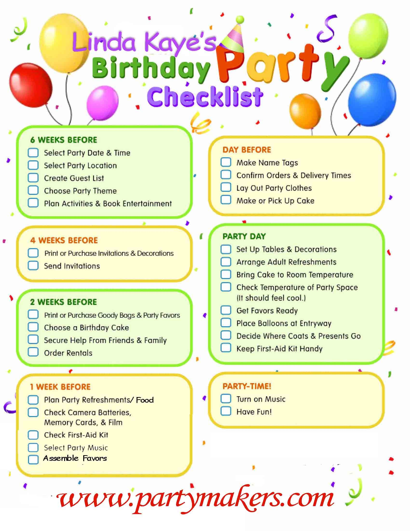 Kids Party Checklist
 Party Tips — Linda Kaye’s Partymakers
