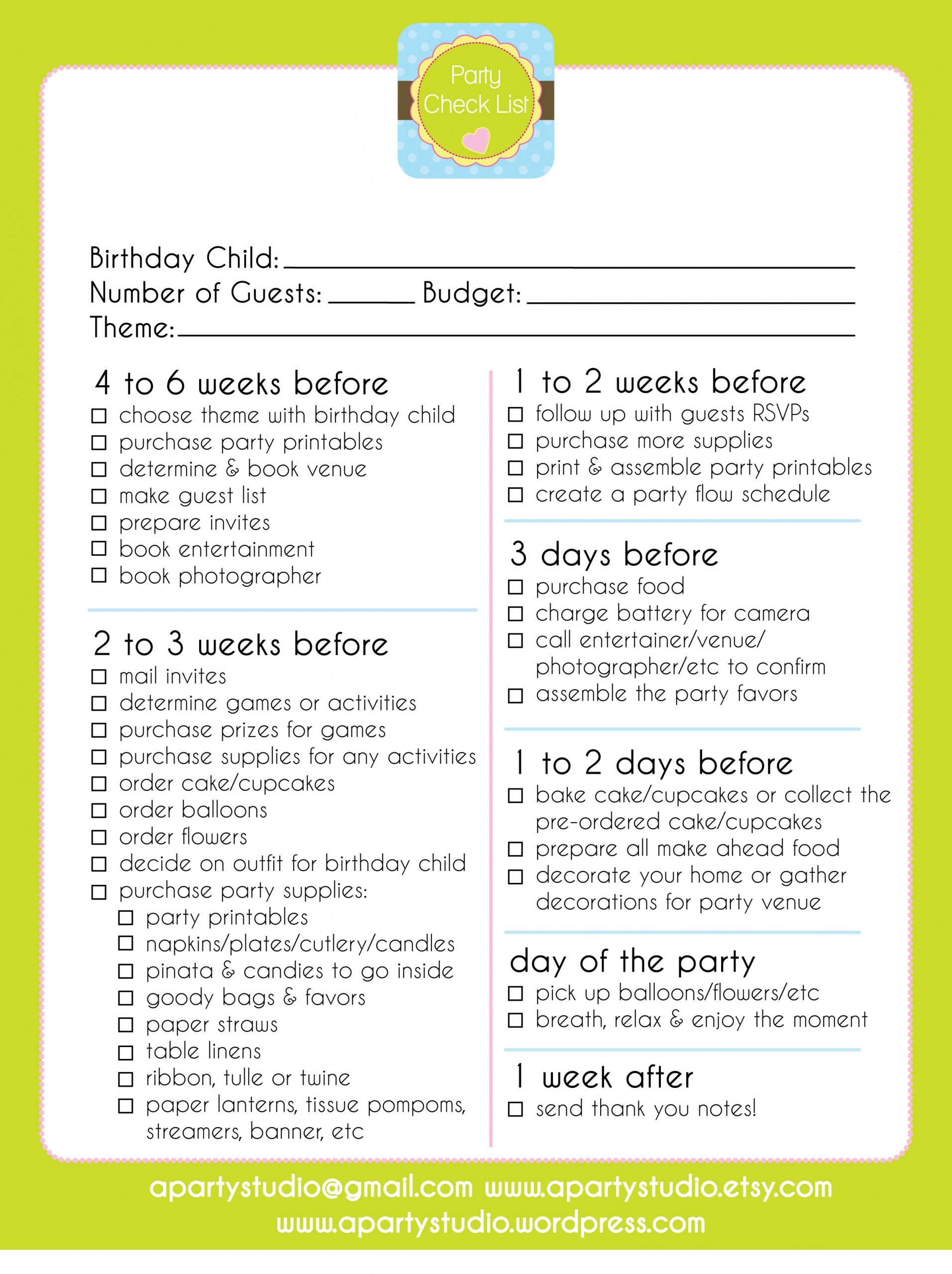 Kids Party Checklist
 FREE Printable Party Checklist