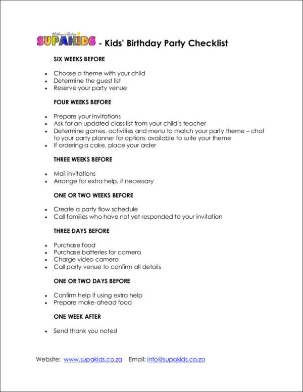 Kids Party Checklist
 How to Create a Checklist Free Samples in PDF