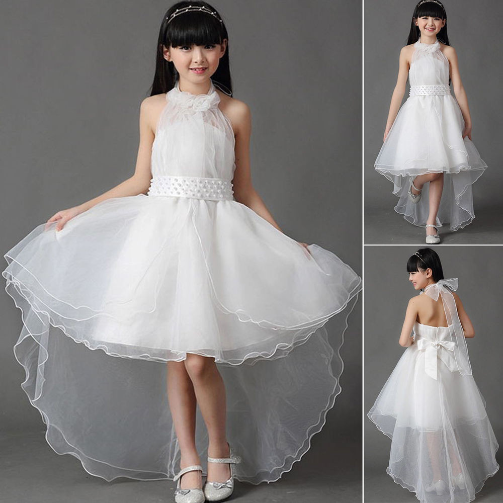 Kids Party Dresses
 Girls White Flower Bridesmaid Party Wedding Pearl Dress
