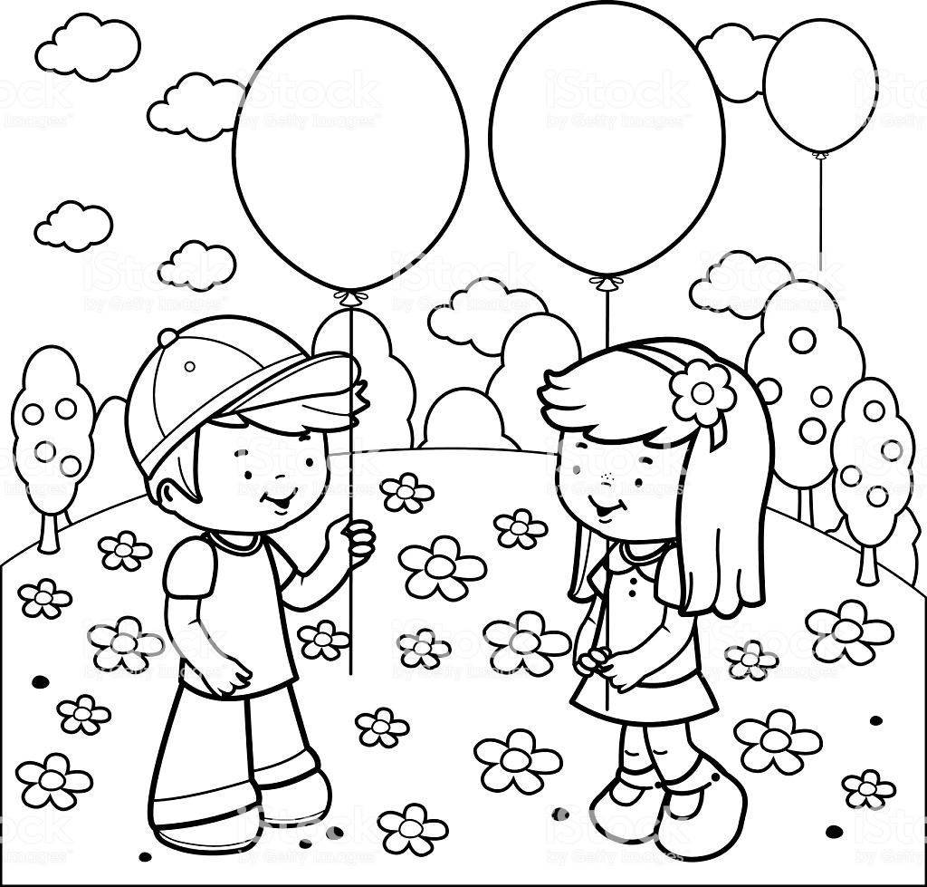 Kids Playing Coloring Page
 Children At The Park Playing With Balloons Coloring Book