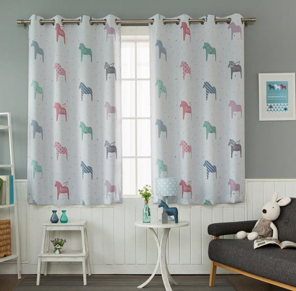Kids Room Window Curtains
 Gray Horse Print Poly Cotton Blend Bay Window Curtains for