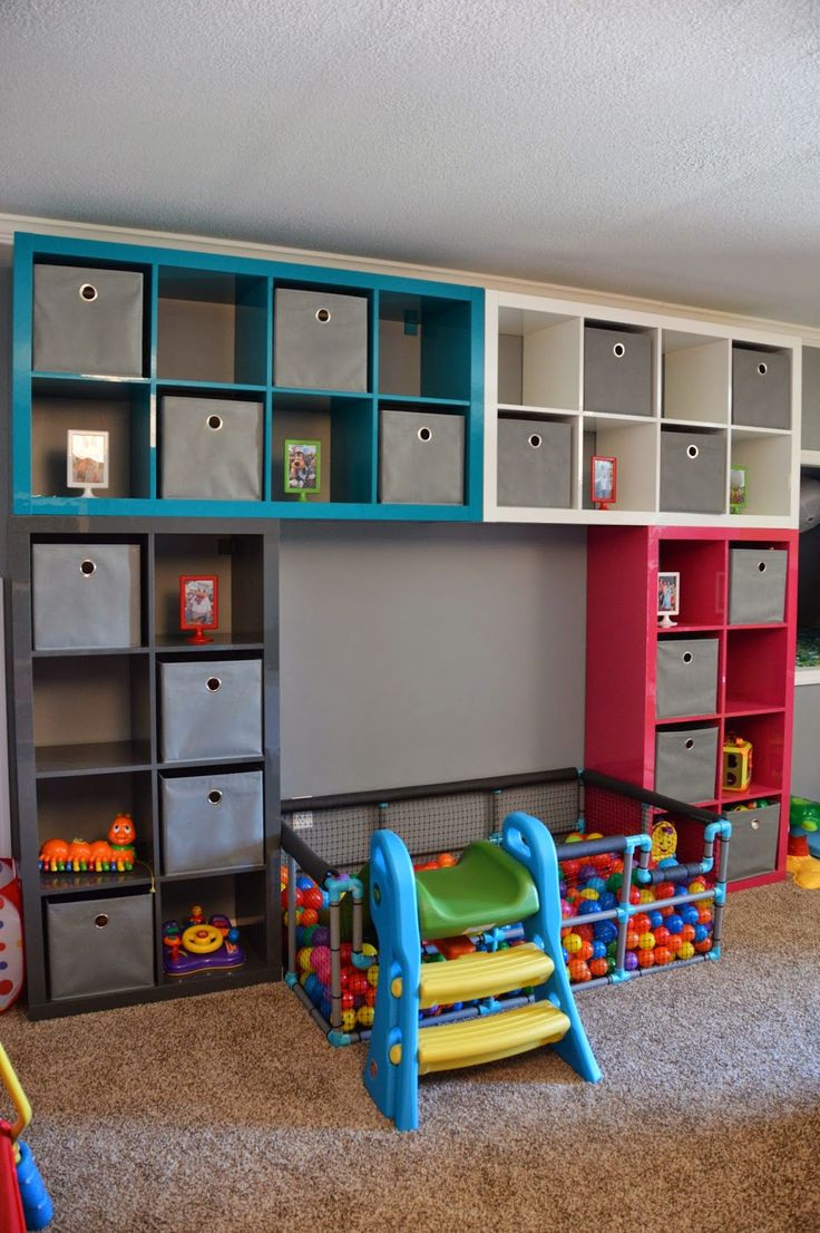 Kids Wall Storage
 IKEA playroom diy ball pit also shows a neat idea for a