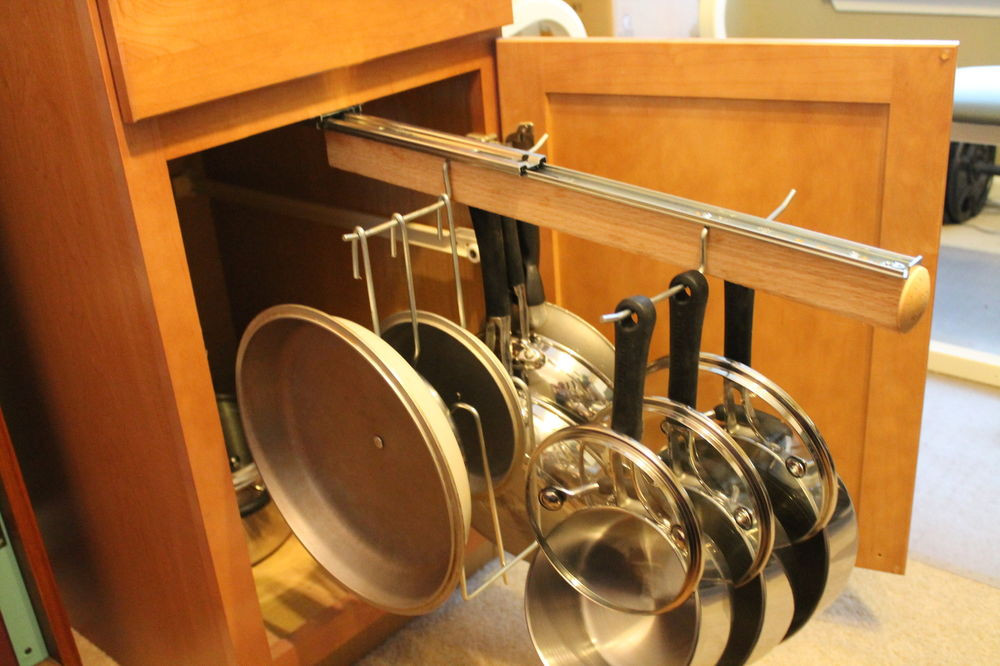 Kitchen Pan Organizer
 Pull Out Under Cabinet Hanging Pot and Pan Lid Rack