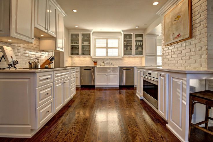 Kitchens With Brick Accent Walls
 Traditional white kitchen with brick accent wall