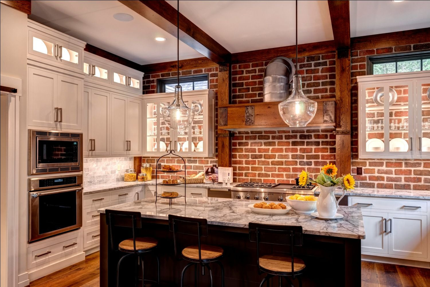 Kitchens With Brick Accent Walls
 Brick wall in kitchen with white cabinets glass cabinet