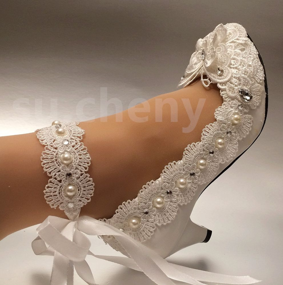Lace And Pearl Wedding Shoes
 sueny White ivory heel lace bow crystal pearl Wedding