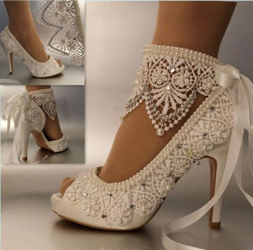Lace And Pearl Wedding Shoes
 Satin Lace and Pearl Bridal Shoes at Bling Brides Bouquet