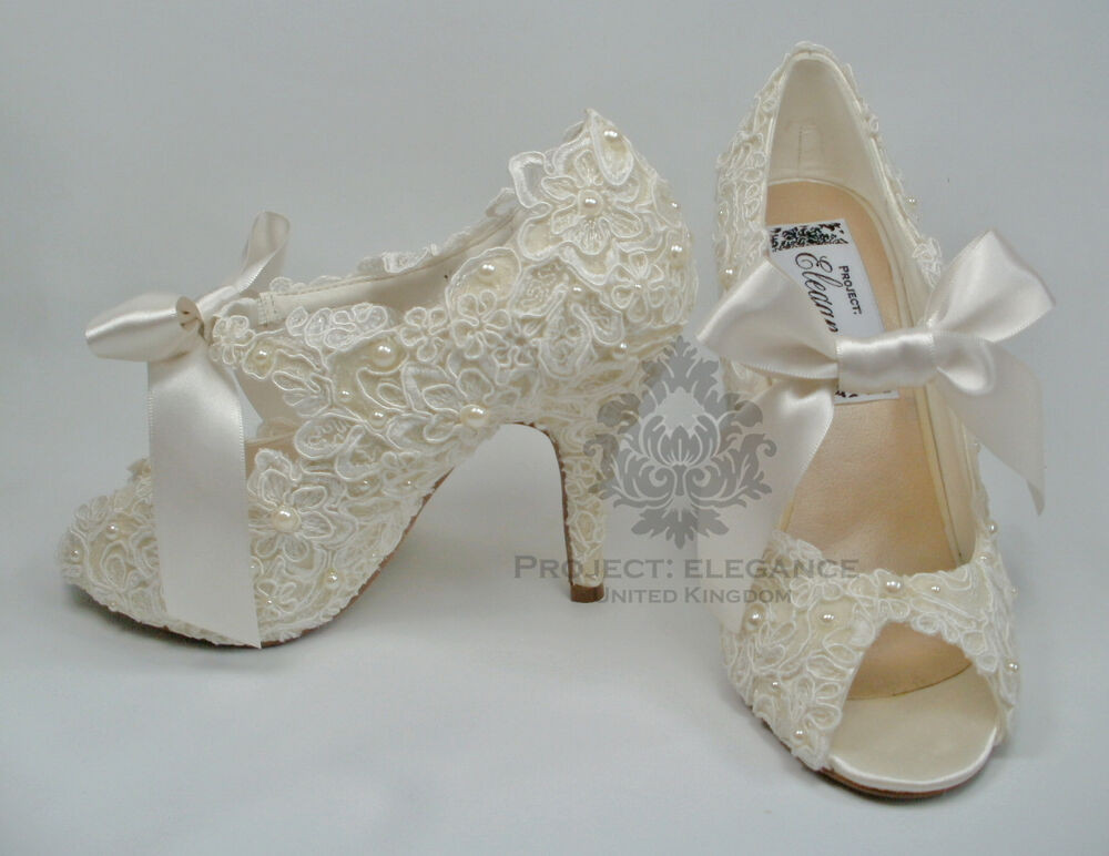 Lace And Pearl Wedding Shoes
 WOMENS NEW IVORY VINTAGE LACE PEARL PEEP TOE HIGH HEEL