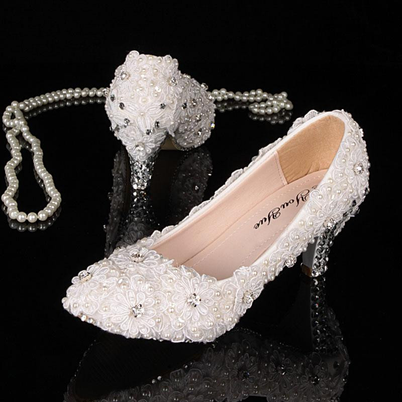 Lace And Pearl Wedding Shoes
 2013 New White Lace Rhinestone Low Heels Pumps Lace Pearl