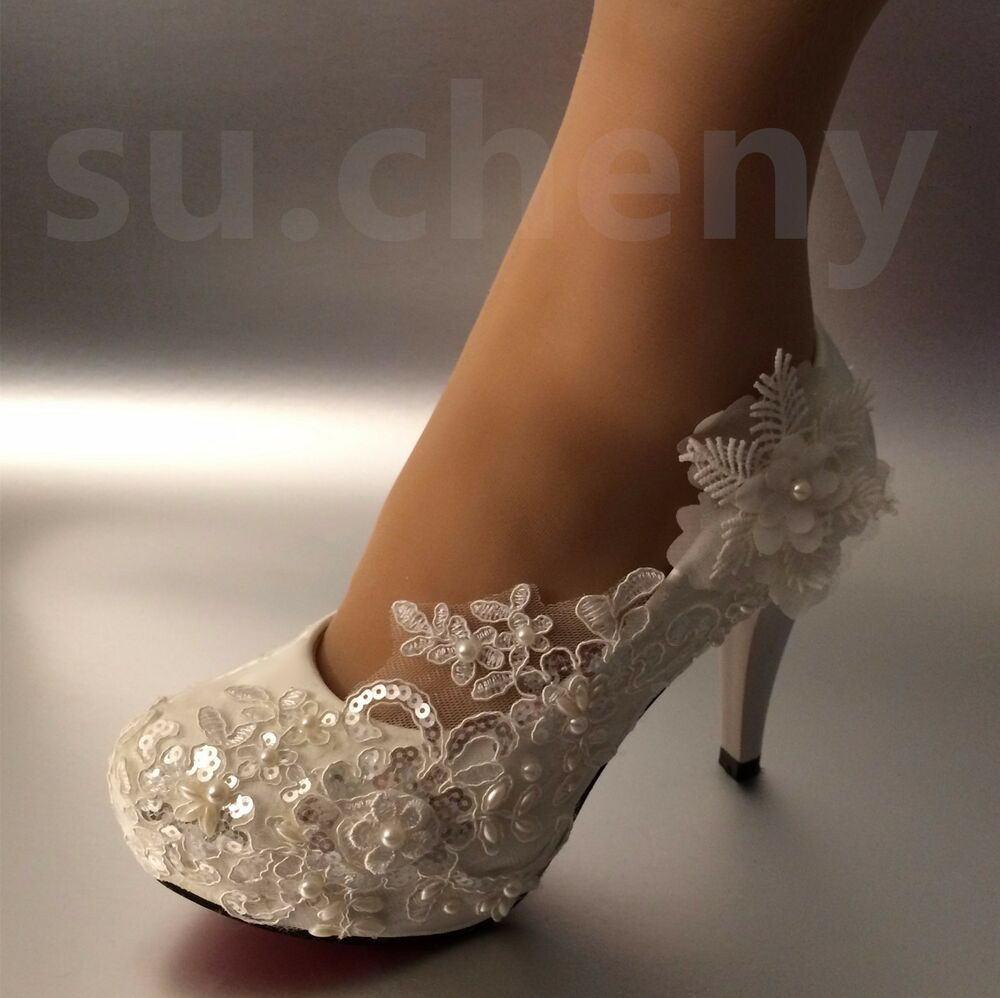Lace And Pearl Wedding Shoes
 sueny 3" 4 " heel white ivory lace pearls Wedding shoes