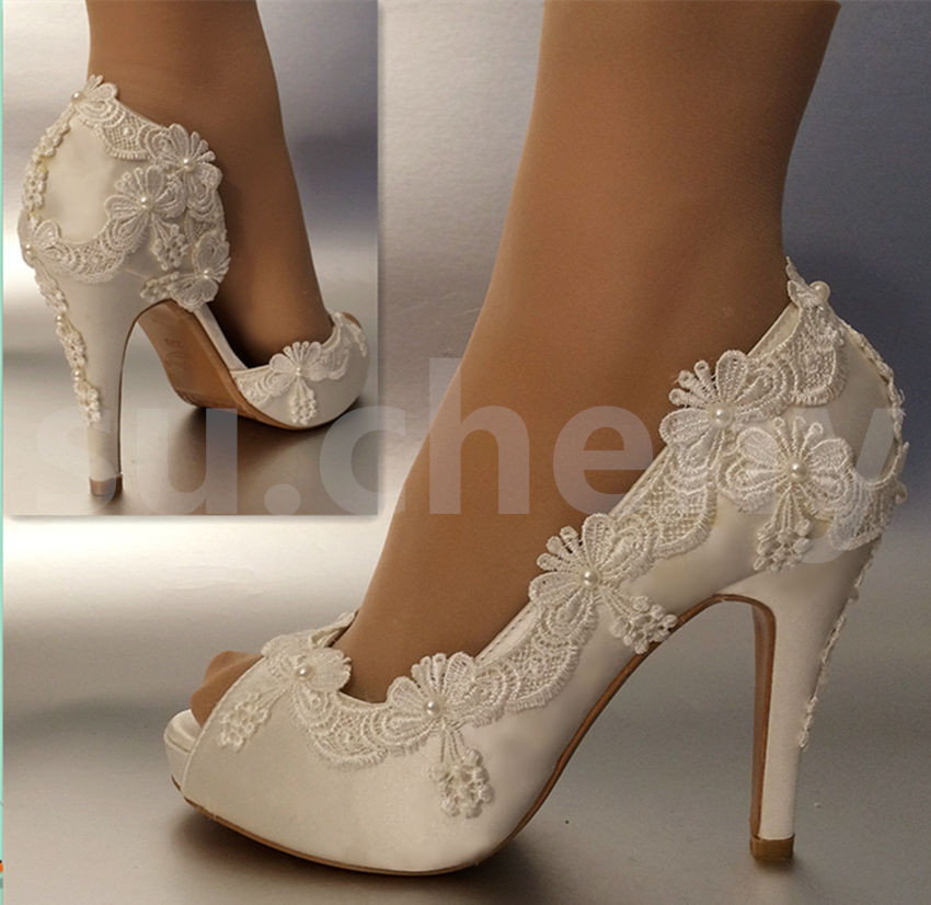 Lace And Pearl Wedding Shoes
 sueny 3" 4" heel satin white ivory lace pearls open toe
