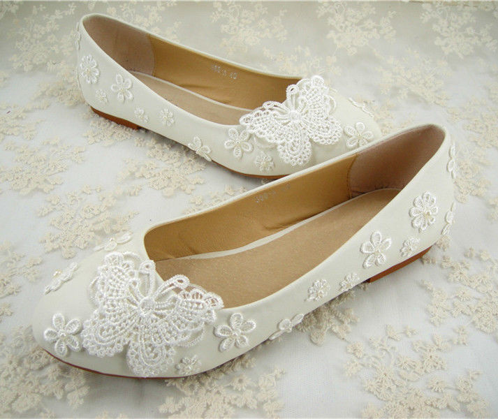 Lace And Pearl Wedding Shoes
 Handmade White Flat Pearl Lace Bridal Shoes Floral Beaded