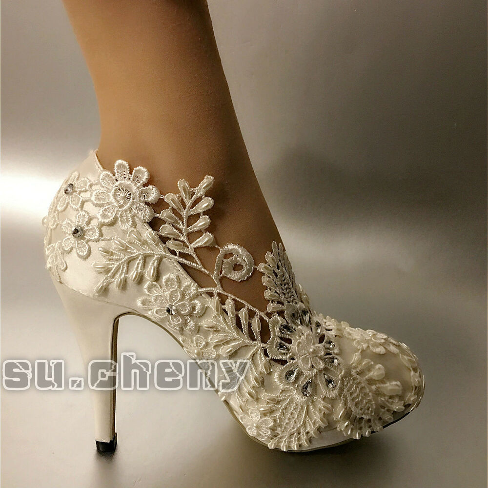 Lace And Pearl Wedding Shoes
 White pearl silk lace Wedding shoes Bridal flats low heel
