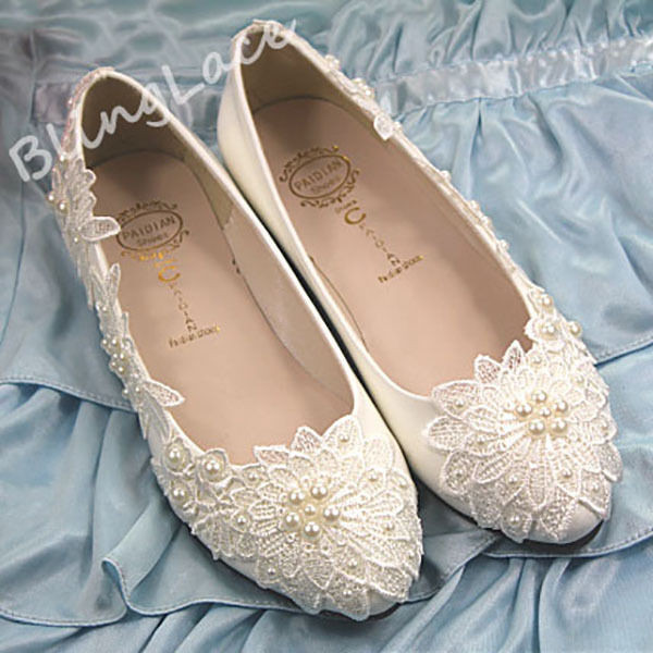 Lace And Pearl Wedding Shoes
 Lace bridal pearls wedding shoes high heel low heel flat