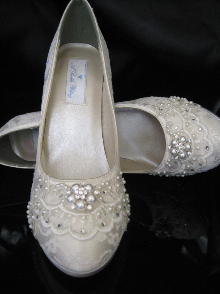 Lace And Pearl Wedding Shoes
 Lace Wedding Shoes Ivory Wedding Shoes with Lace Pearls