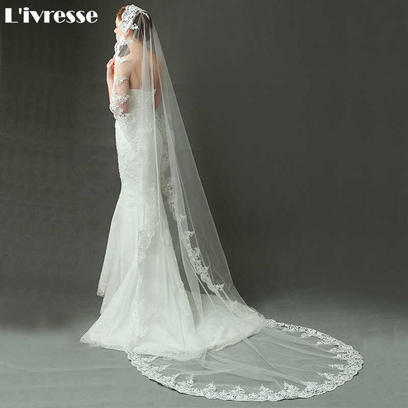 Lace And Pearl Wedding Veils
 Wholesale Elegant Single Layer Bridal Veil Long Lace Edge