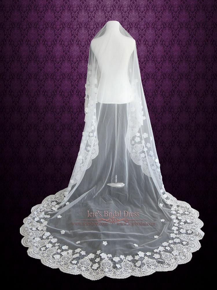 Lace And Pearl Wedding Veils
 Cathedral Length Mantilla Lace Veil with Flowers and Pearl