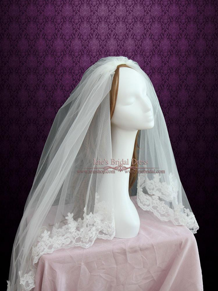 Lace And Pearl Wedding Veils
 Two Tier Fingertip Length Lace Wedding Veil with Pearl