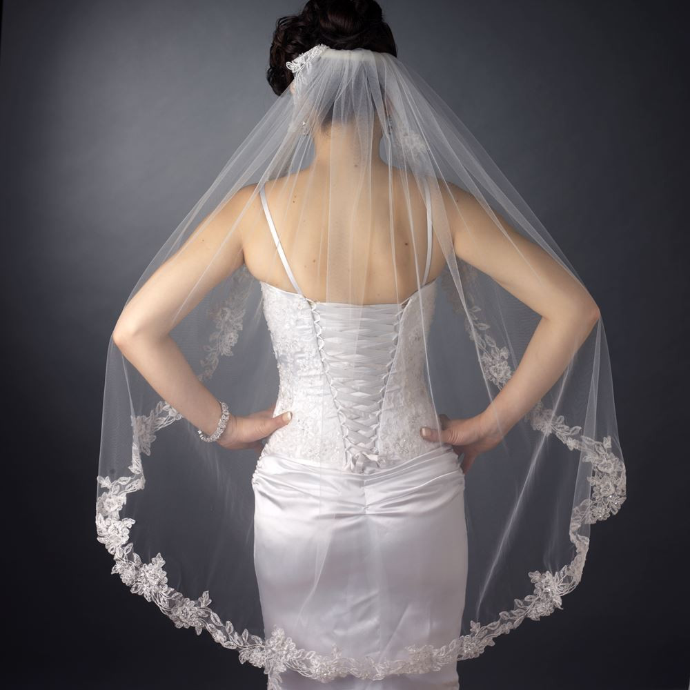 Lace And Pearl Wedding Veils
 Floral Lace and Pearl Waltz Wedding Veil