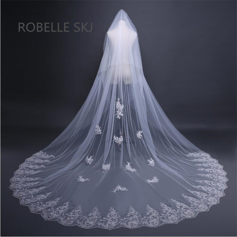 Lace And Pearl Wedding Veils
 2018 Two Layers Long Cathedral Wedding Veil Lace Bridal