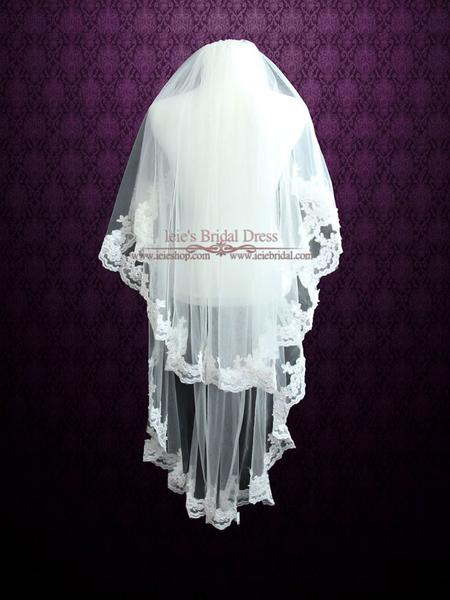 Lace And Pearl Wedding Veils
 Two Tier Fingertip Length Lace Wedding Veil with Pearl