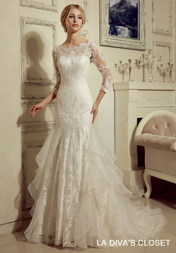Lace Sleeve Wedding Dress
 FORMAL MODEST LACE WEDDING DRESS WITH 3 4 LACE SLEEVES