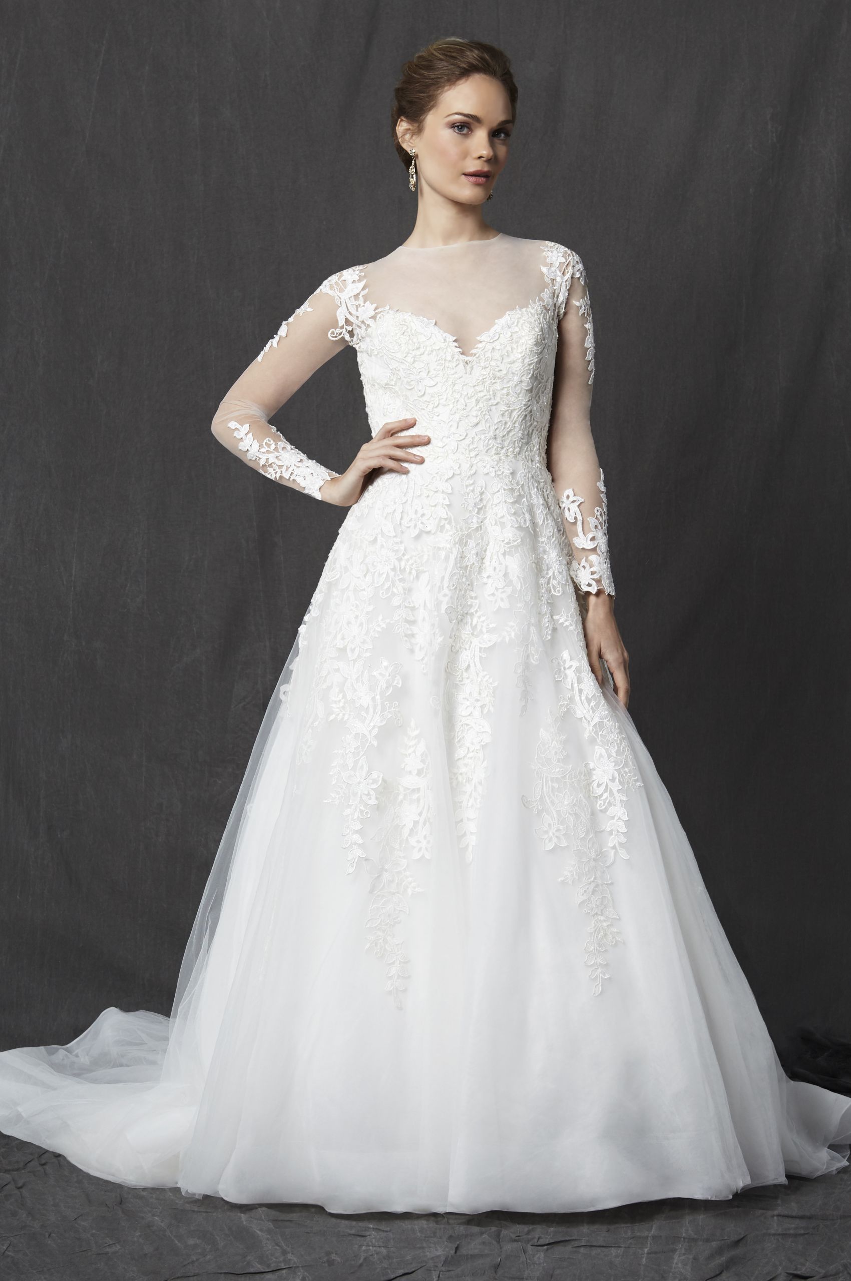 Lace Sweetheart Wedding Dress
 Illusion Sweetheart Neckline Long Sleeve Lace A line