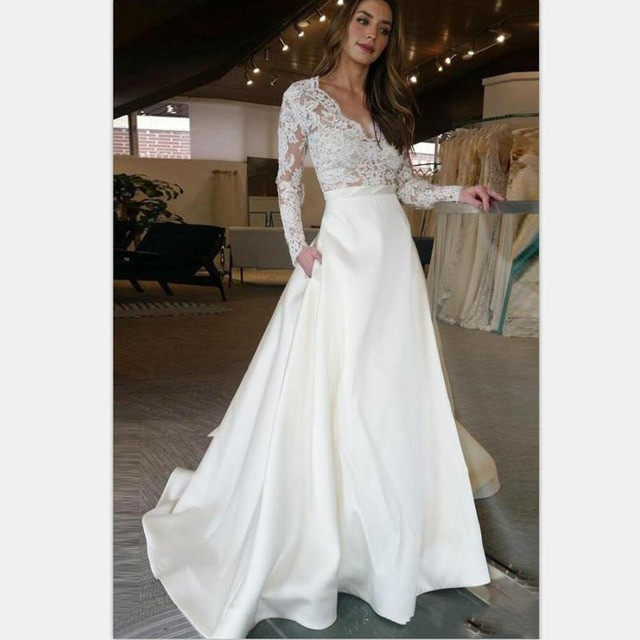 Lace Top Wedding Dress
 LORIE Long Sleeve Wedding Dress V Neck A Line Appliques