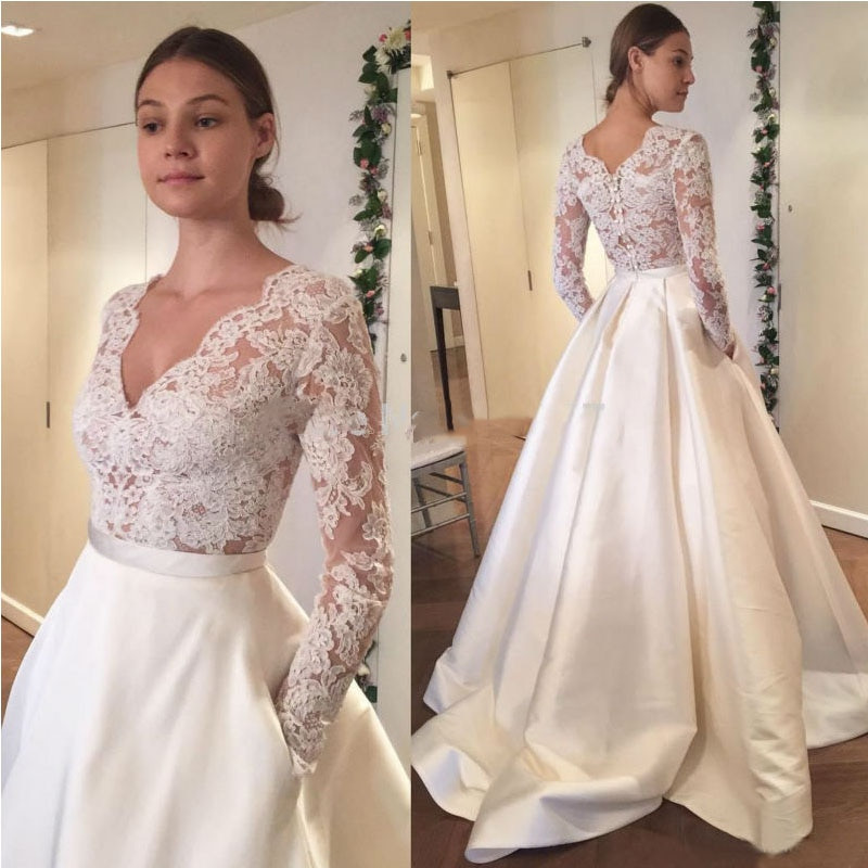 Lace Top Wedding Dress
 Aliexpress Buy Satin Skirt Wedding Dress 2017 V neck