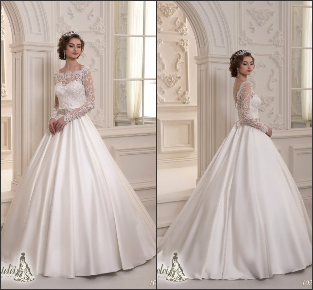 Lace Top Wedding Dress
 2015 Latest Long Sleeves Low Back Lace Top Satin Skirt