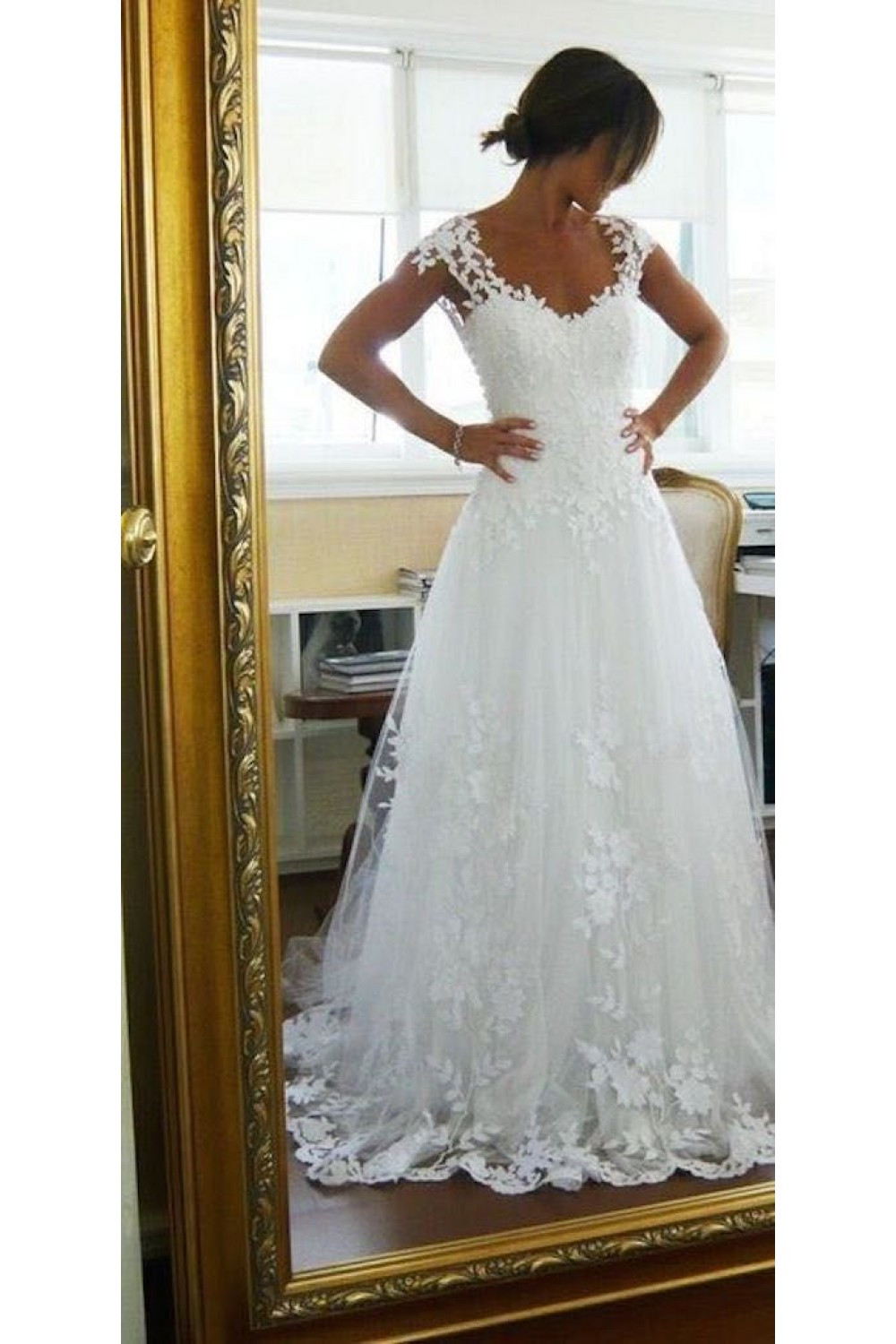 Lace Wedding Dresses With Cap Sleeves
 A line Cap Sleeves Lace Bridal Wedding Dresses WD