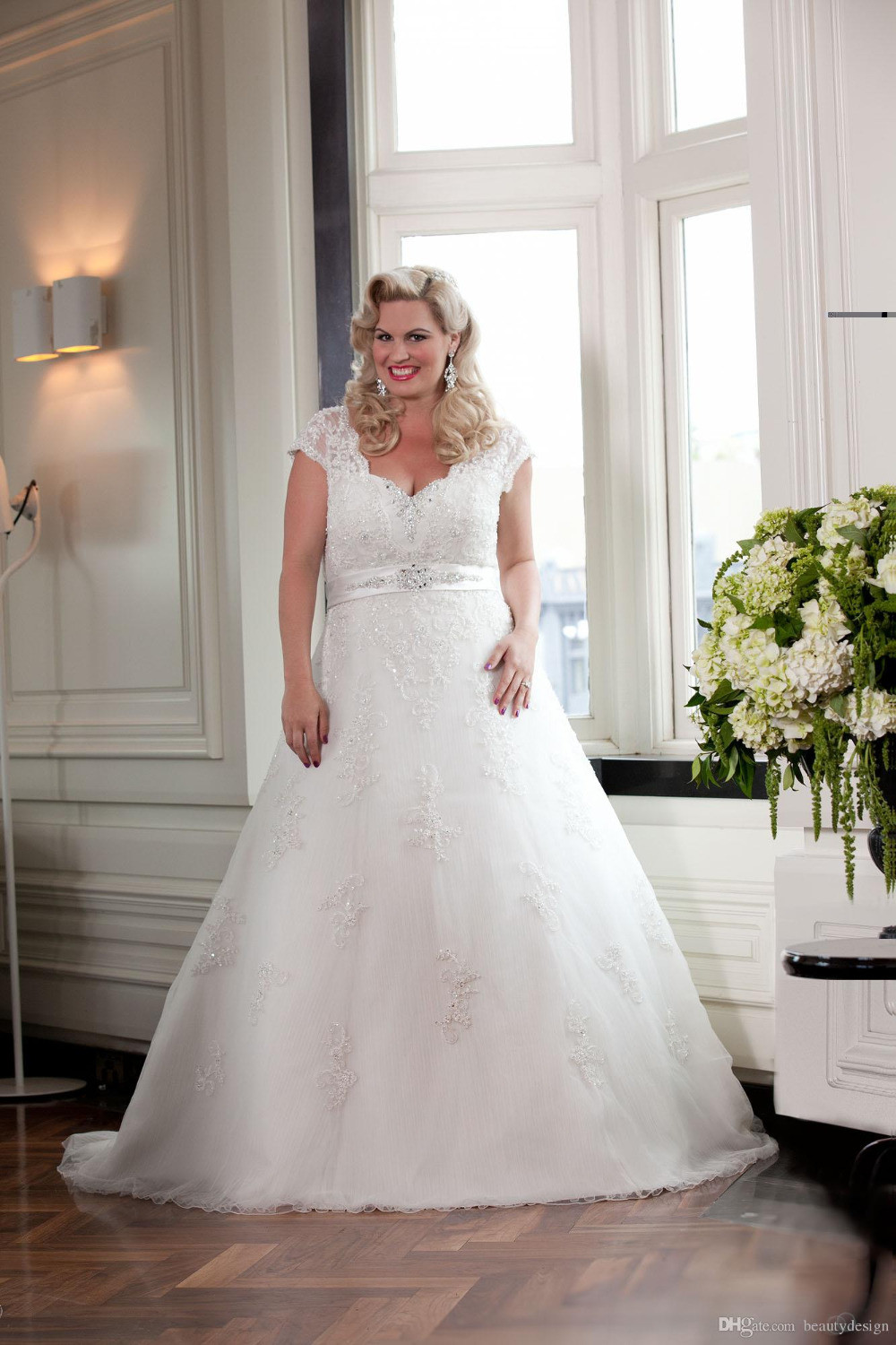 Lace Wedding Dresses With Cap Sleeves
 2015 Style Cap Sleeve V Neck A Line Beaded Lace Plus Size