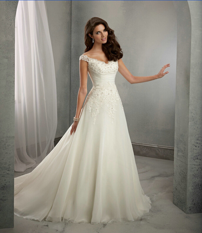 Lace Wedding Dresses With Cap Sleeves
 A line Cap Sleeves Long Lace Wedding Dress Uniqistic