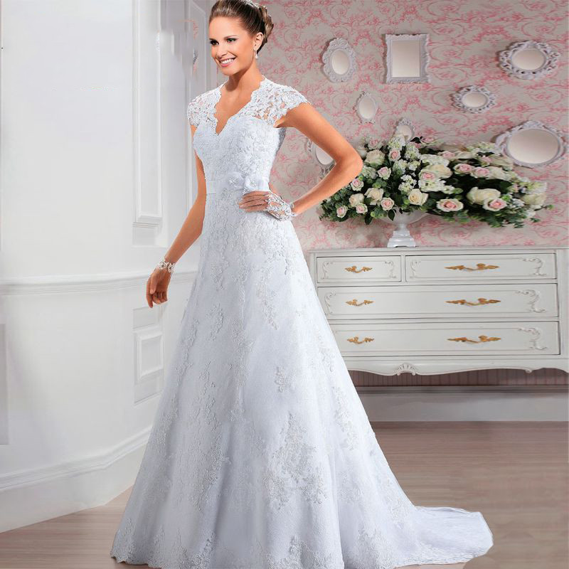 Lace Wedding Dresses With Cap Sleeves
 Short Cap Sleeves V Neck Lace A Line Wedding Dress
