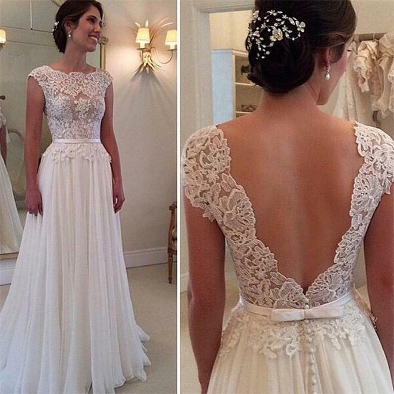 Lace Wedding Dresses With Cap Sleeves
 2015 Backless Lace Chiffon Wedding dresses A Line Cap