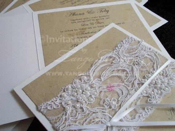 Lace Wedding Invites
 Pearl and lace wedding Invitations Rustic Vintage design