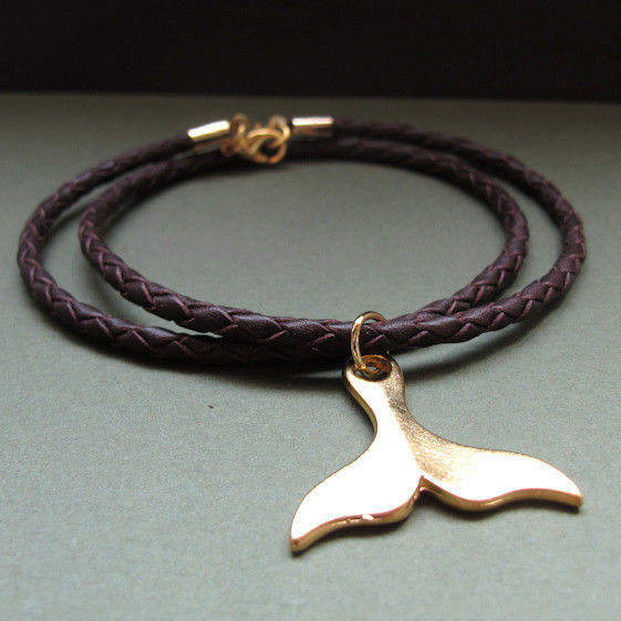 Leather Necklaces For Men
 Gold Whale Tail Pendant Leather Braided Mens Necklace