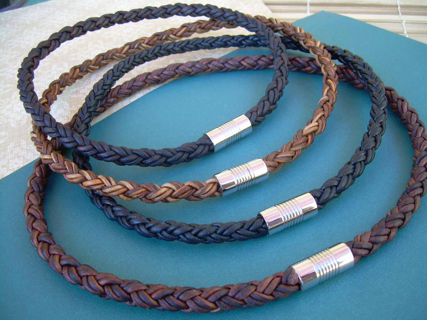 Leather Necklaces For Men
 Thick Braided Leather Necklace for Men Stainless Steel