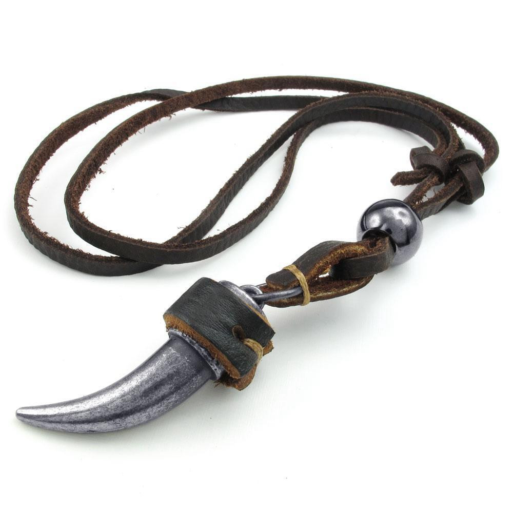 Leather Necklaces For Men
 Mens Brown Silver Adjustable Tribal Wolf Tooth Pendant