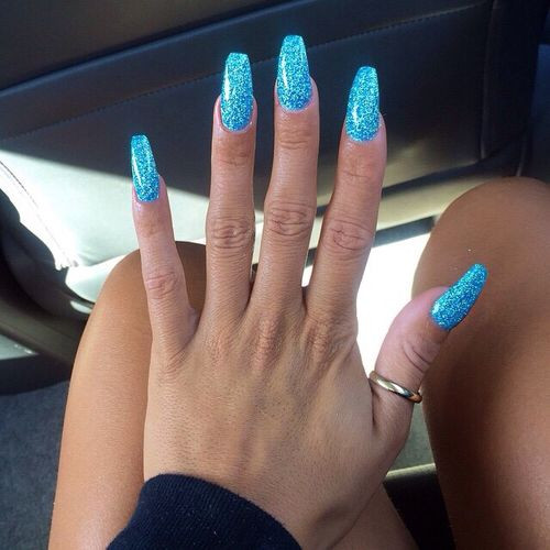 Light Blue Glitter Nails
 Bright blue glitter sparkle coffin nails